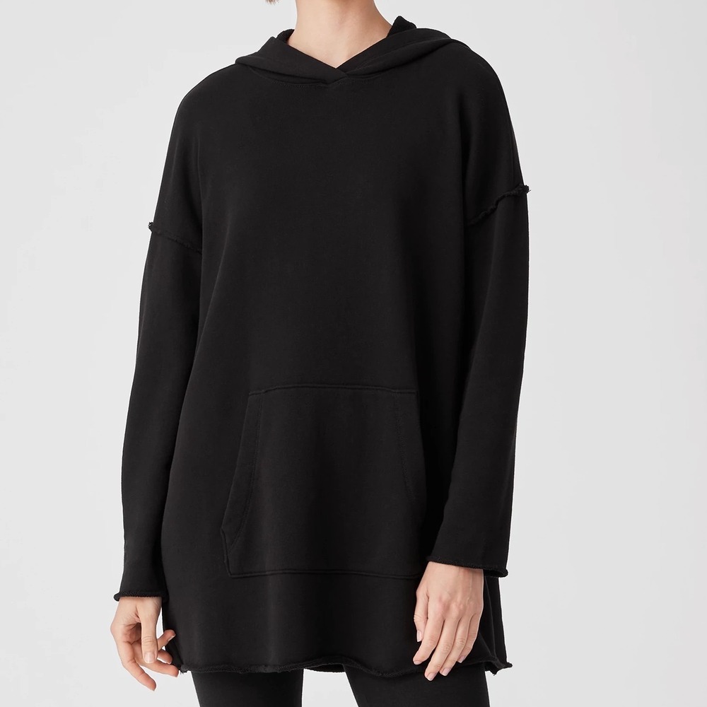 Eileen Fisher Black Organic Cotton Fleece Oversized Hoodie Tunic XS‎ k3